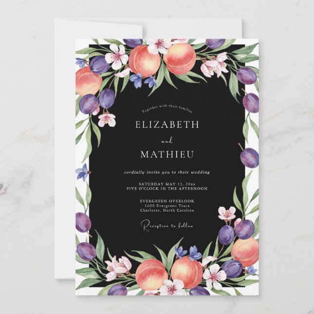 Invitation Mariage Black Peach Purple Ranunculus Eucalyptus (Devant)