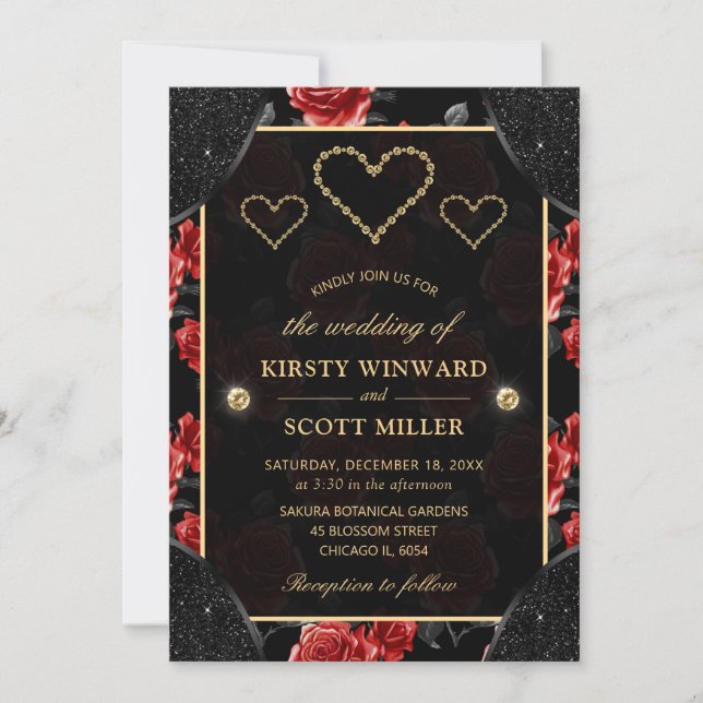 Invitation Mariage Black & Red Rose Pattern & Diamants Dorés (Devant)