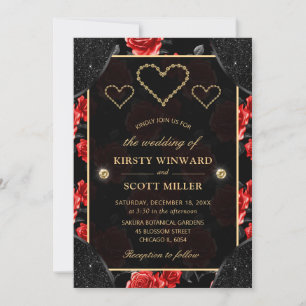 Invitation Mariage Black & Red Rose Pattern & Diamants Dorés