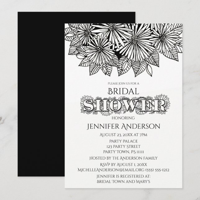 Invitation Mariage Black White Daisy (Devant / Derrière)