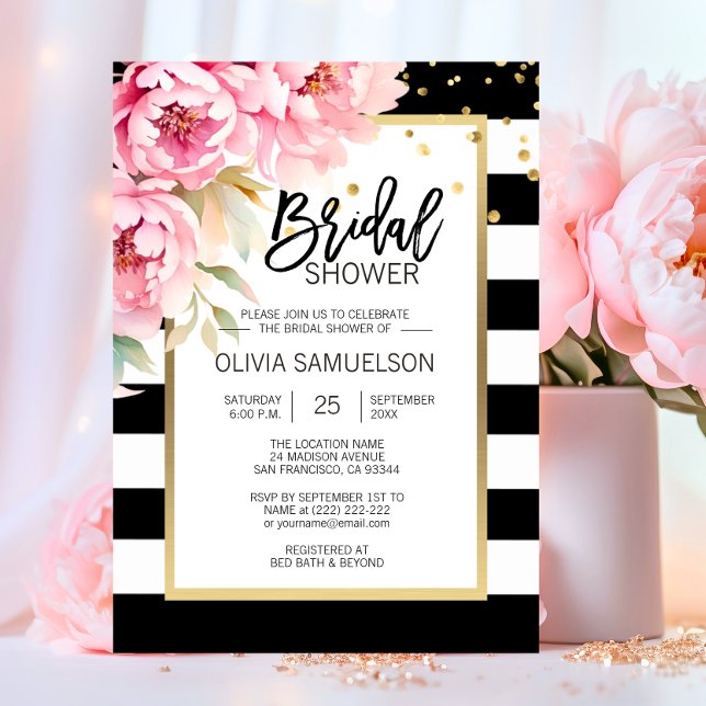 Invitation Mariage Blanc Aquarelle Rose Fleur Fête de Mariée (Black White Watercolor Pink Floral Bridal Shower Invitation)