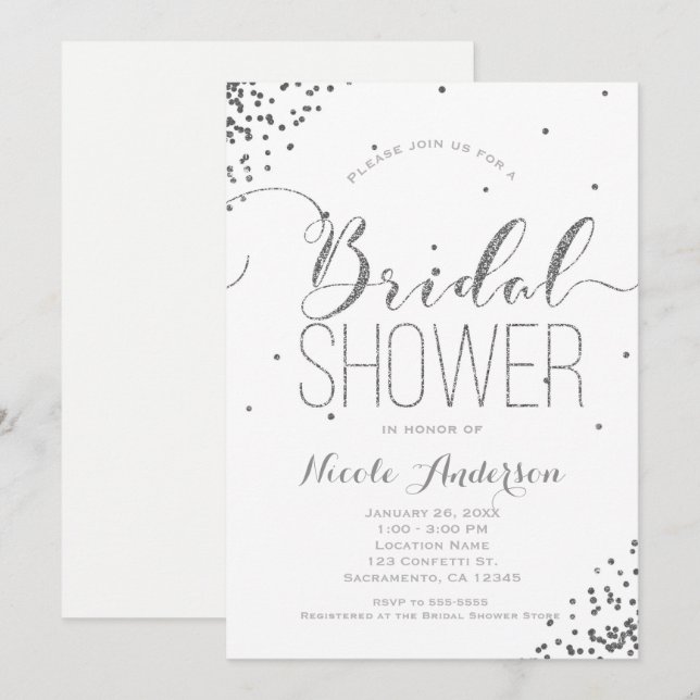 Invitation Mariage Blanc & Argent Glam Pailleté Coins (Devant / Derrière)