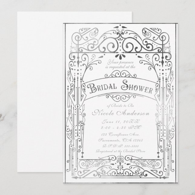 Invitation Mariage Blanc & Argent Vintage Victorien (Devant / Derrière)