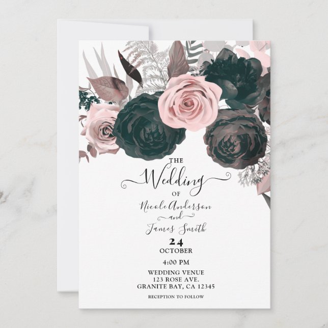 Invitation Mariage Blanc avec Fleurs et Feuillage Rose Pâle e (Devant)