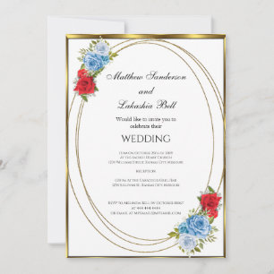 Invitation Mariage Blanc Bleu Fleurs Rouges or Élégant