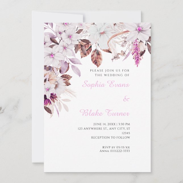 Invitation Mariage Blanc Bohème et Floral d'Automne Blanc (Devant)