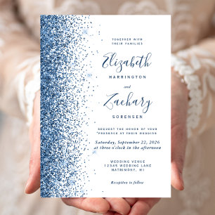 Invitation Mariage Blanc Bordure Pailletée Bleue