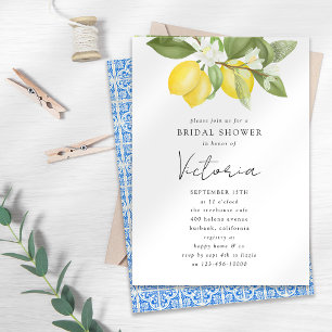 Invitation Mariage Blanc Carrelage Bleu Méditerranéen Citrons