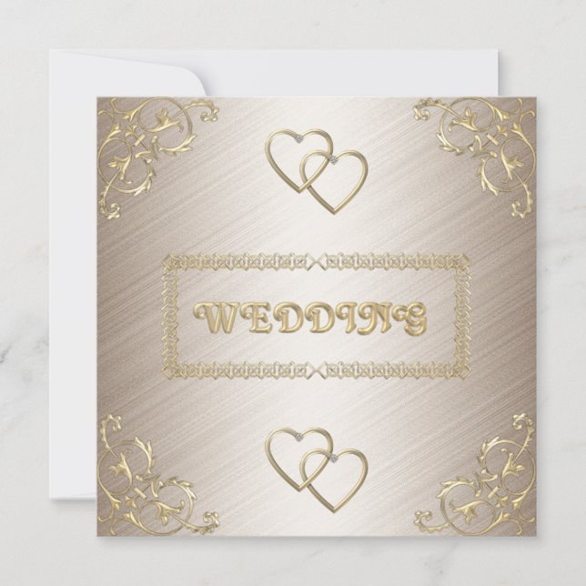 Invitation Mariage Blanc Cassé avec Bordures Dorée (Devant)