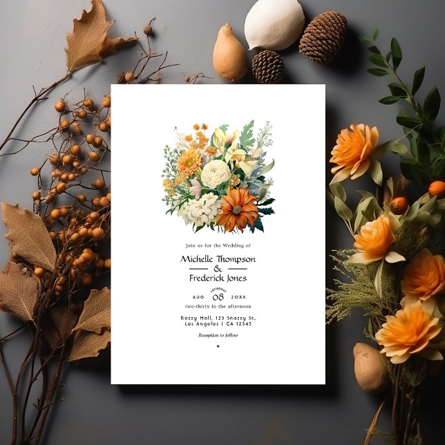 Invitation Mariage Blanc Cassé, Vert Chasseur, Marron et Oran (Créateur téléchargé)