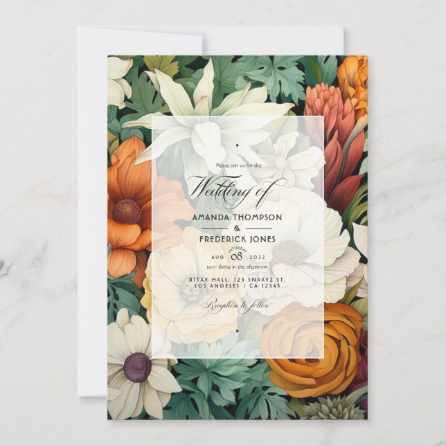 Invitation Mariage blanc cassé, vert chasseur, marron et oran (Devant)