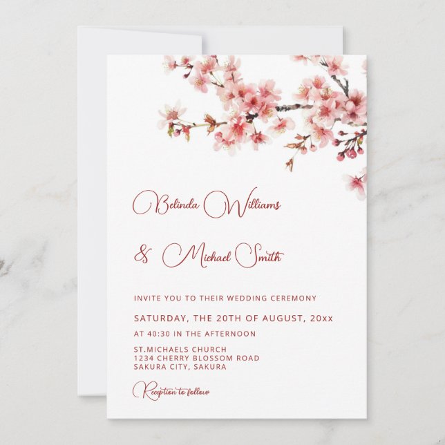Invitation Mariage Blanc Cerisier Fleurissant (Devant)