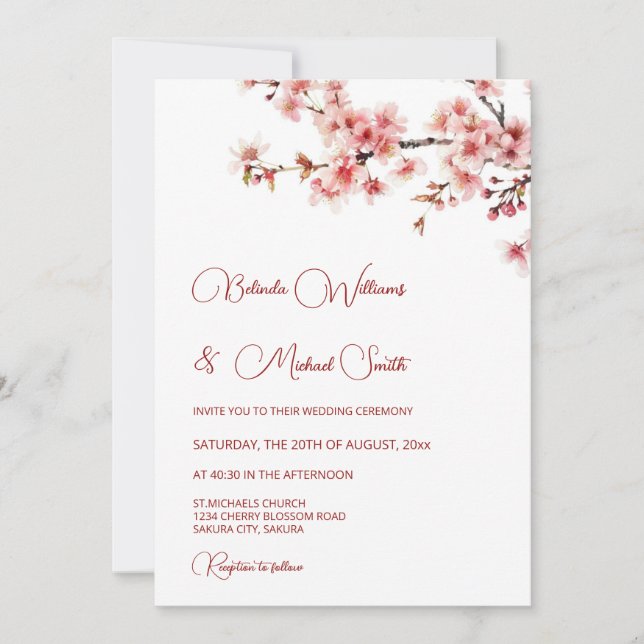 Invitation Mariage Blanc Cerisier Fleurissant (Devant)