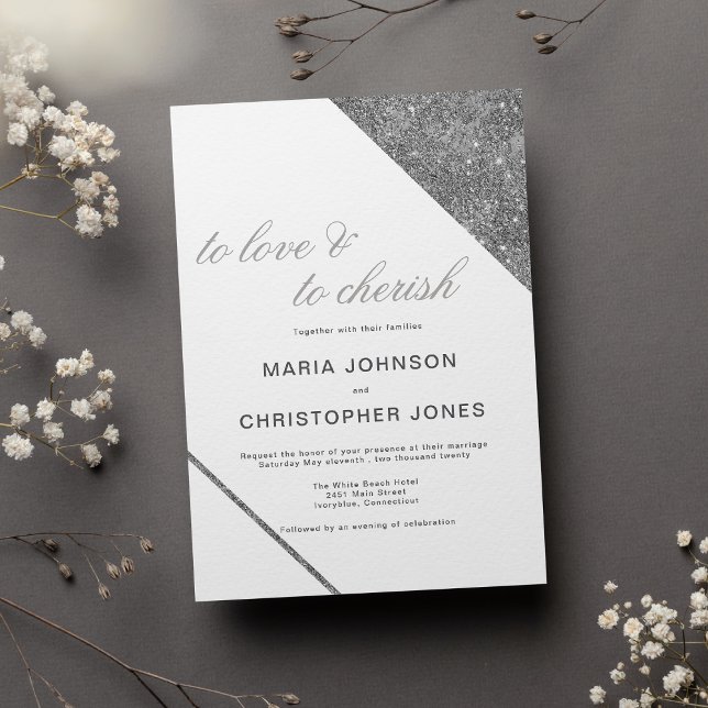 Invitation Mariage blanc classique de luxe avec paillettes ar (Luxury white classic script silver glitter wedding)