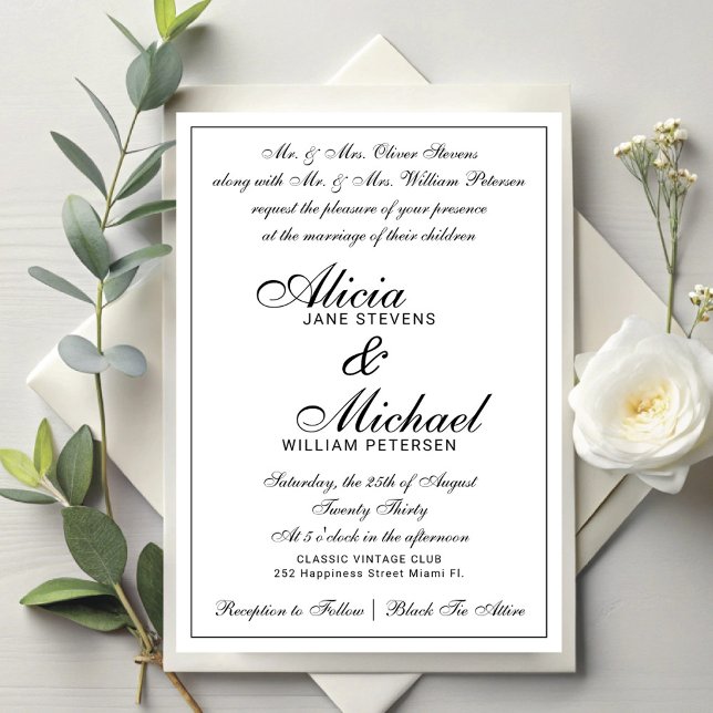 Invitation Mariage blanc classique traditionnel formel vintag (Créateur téléchargé)