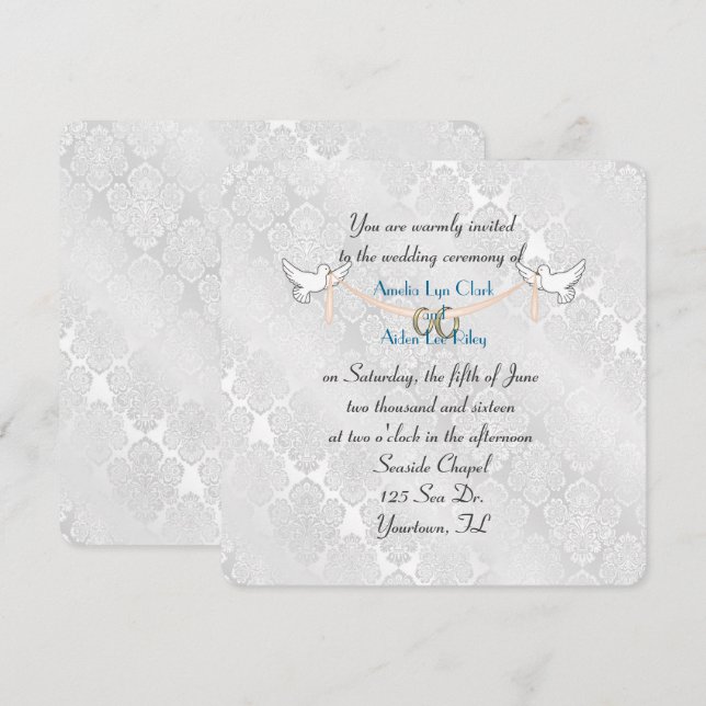 Invitation Mariage blanc Damask Shimmer (Devant / Derrière)