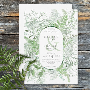 Invitation Mariage blanc de feuillage vert de fougère rustiqu