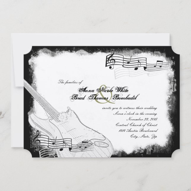 Invitation Mariage blanc de musique de noir génial de guitare (Devant)