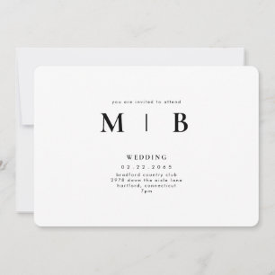 Invitation Mariage Blanc Élégant & Simple Monogramme Arrondi