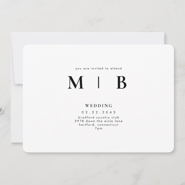 Invitation Mariage Blanc Élégant & Simple Monogramme Arrondi (Devant)