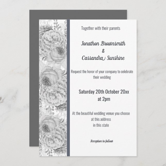 Invitation Mariage BLANC EN ARGENT BLANC FLORAL ROSE (Devant / Derrière)