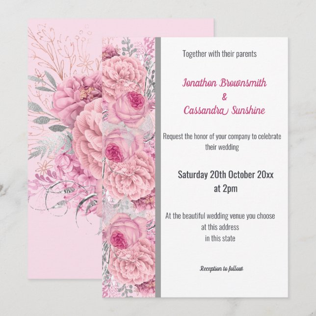 Invitation Mariage BLANC EN ARGENT ROSE ROSE FLORAL (Devant / Derrière)