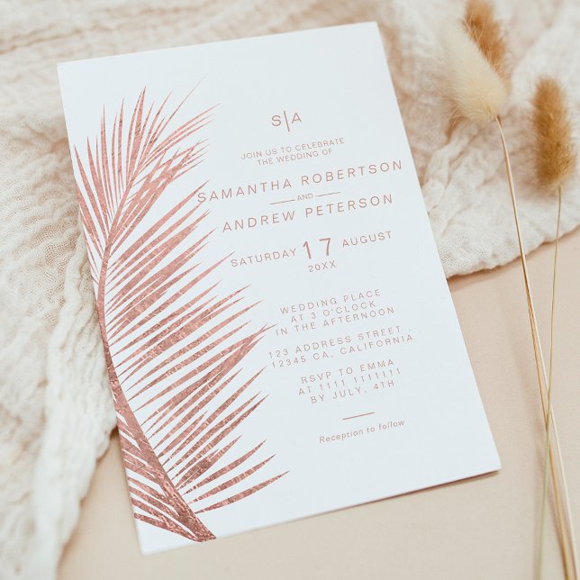 Invitation Mariage blanc en feuille d'or rose moderne (Modern rose gold palm leaf white wedding invitation)