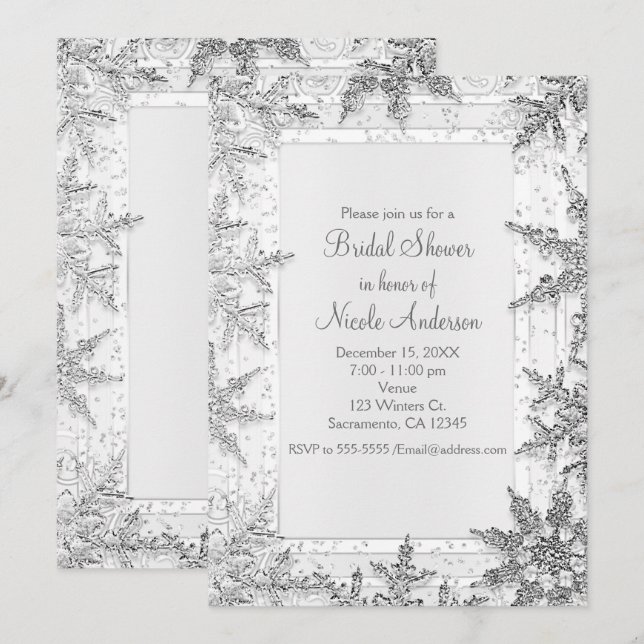 Invitation Mariage Blanc Et Argent Flocons De Neige (Devant / Derrière)