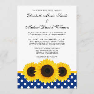 Invitation Mariage blanc et bleu de tournesol jaune de polka
