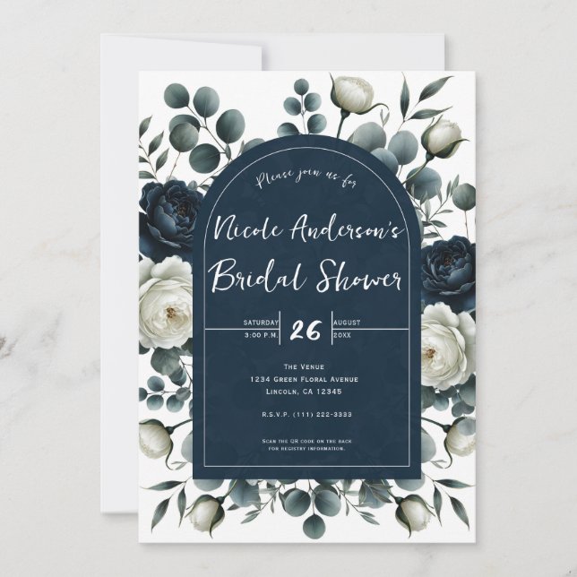 Invitation Mariage Blanc Et Bleu Foncé Moderne Floral (Devant)