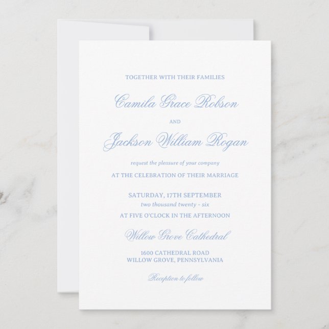 Invitation Mariage Blanc et Bleu Poussière (Devant)