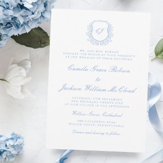 Invitation Mariage Blanc et Bleu Poussiéreux de Style Vintage