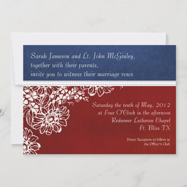 Invitation Mariage blanc et bleu rouge militaire patriotique (Devant)