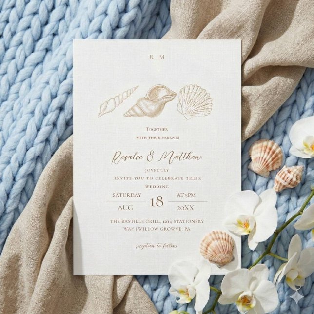 Invitation Mariage Blanc et Coquilles d'Or sur la Côte  (Créateur téléchargé)