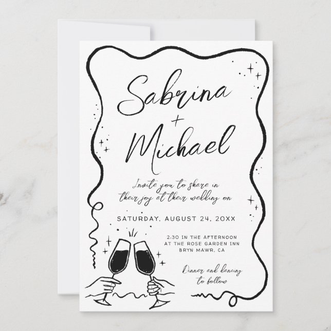 Invitation Mariage blanc et noir blanc à la main tiré (Devant)