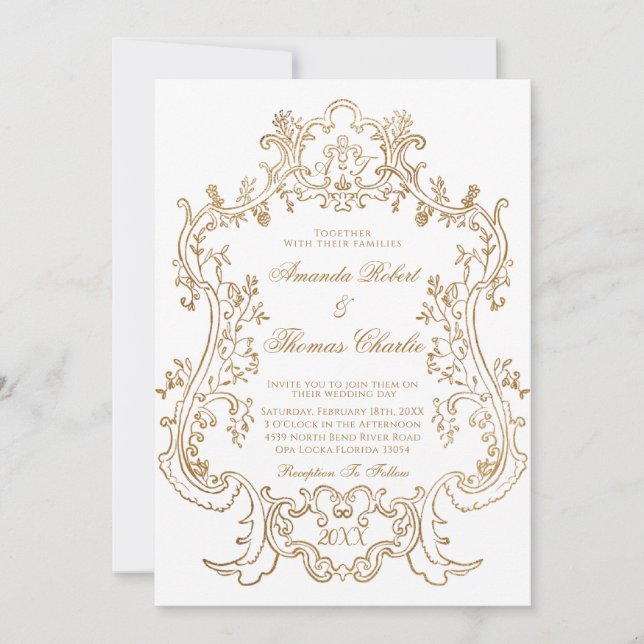 Invitation Mariage blanc et or victorien (Devant)