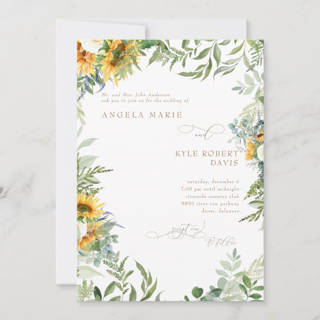 Invitation Mariage blanc Eucalyptus Elégance Tournesol (Devant)