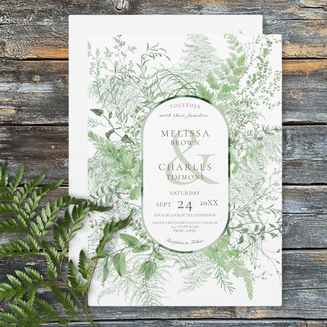 Invitation Mariage Blanc Feuillage Vert de Fougère Rustique (Rustic Fern Green Foliage White Wedding Invitation)