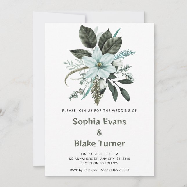 Invitation Mariage blanc floral botanique bleu et vert (Devant)