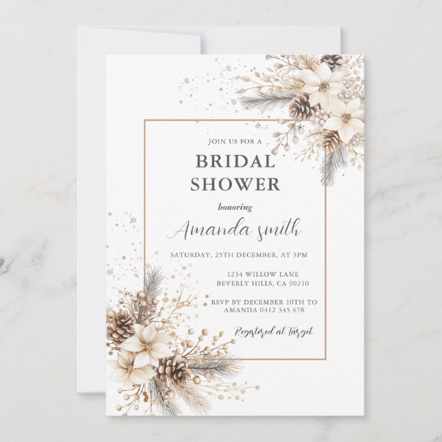 Invitation Mariage Blanc Floral de Noël (Devant)