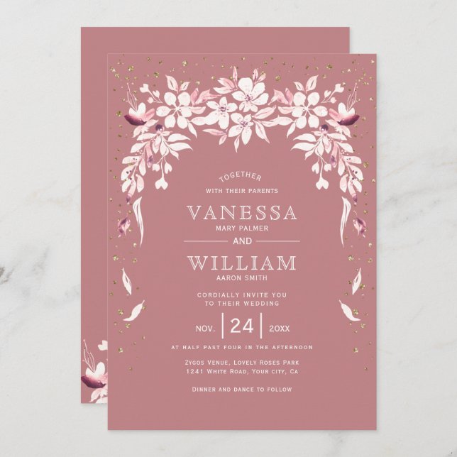 Invitation Mariage blanc floral en cascade garland dusty rose (Devant / Derrière)