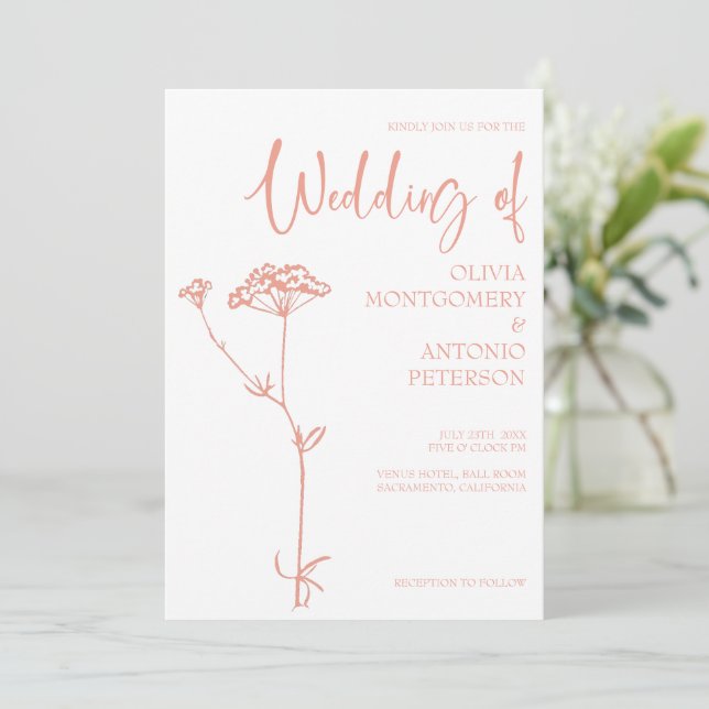 Invitation Mariage blanc floral moderne minimaliste (Debout devant)