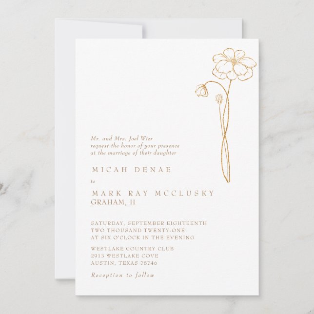 Invitation Mariage Blanc Floral Or Élégant (Devant)