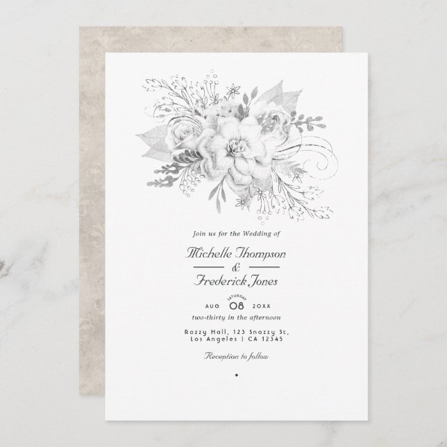 Invitation Mariage blanc Floral QR Code RSVP (Devant / Derrière)