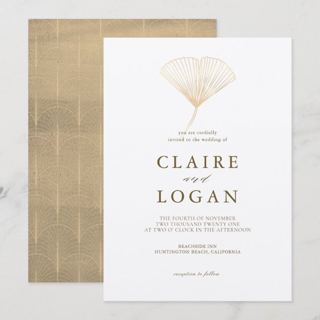 Invitation Mariage blanc Gold Ginkgo Leaf (Devant / Derrière)