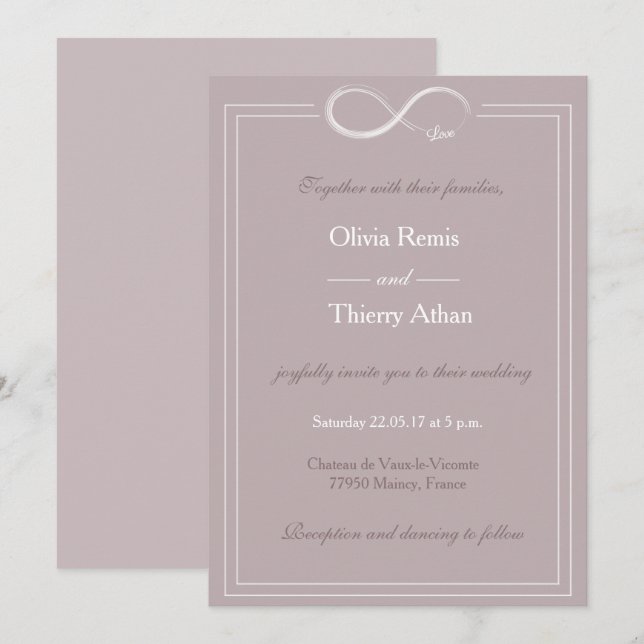 Invitation Mariage blanc gris clair unique signe d'infini (Devant / Derrière)
