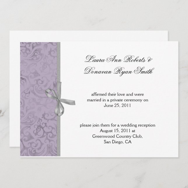 Invitation Mariage Blanc Gris Violet Clair Damassé (Devant / Derrière)