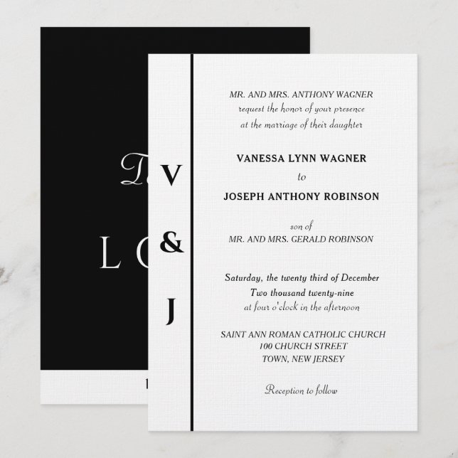 Invitation Mariage Blanc Monogramme Argent Noir (Devant / Derrière)
