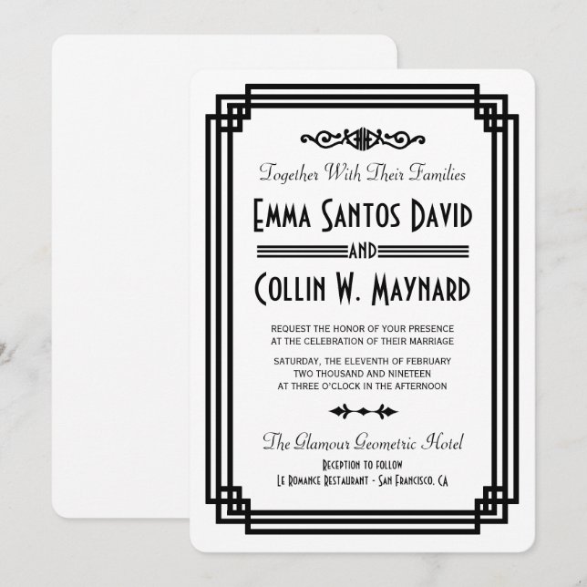 Invitation Mariage blanc & noir Art déco simple invite (Devant / Derrière)