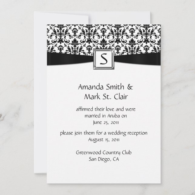 Invitation Mariage Blanc Noir Damask Monogrammé (Devant)